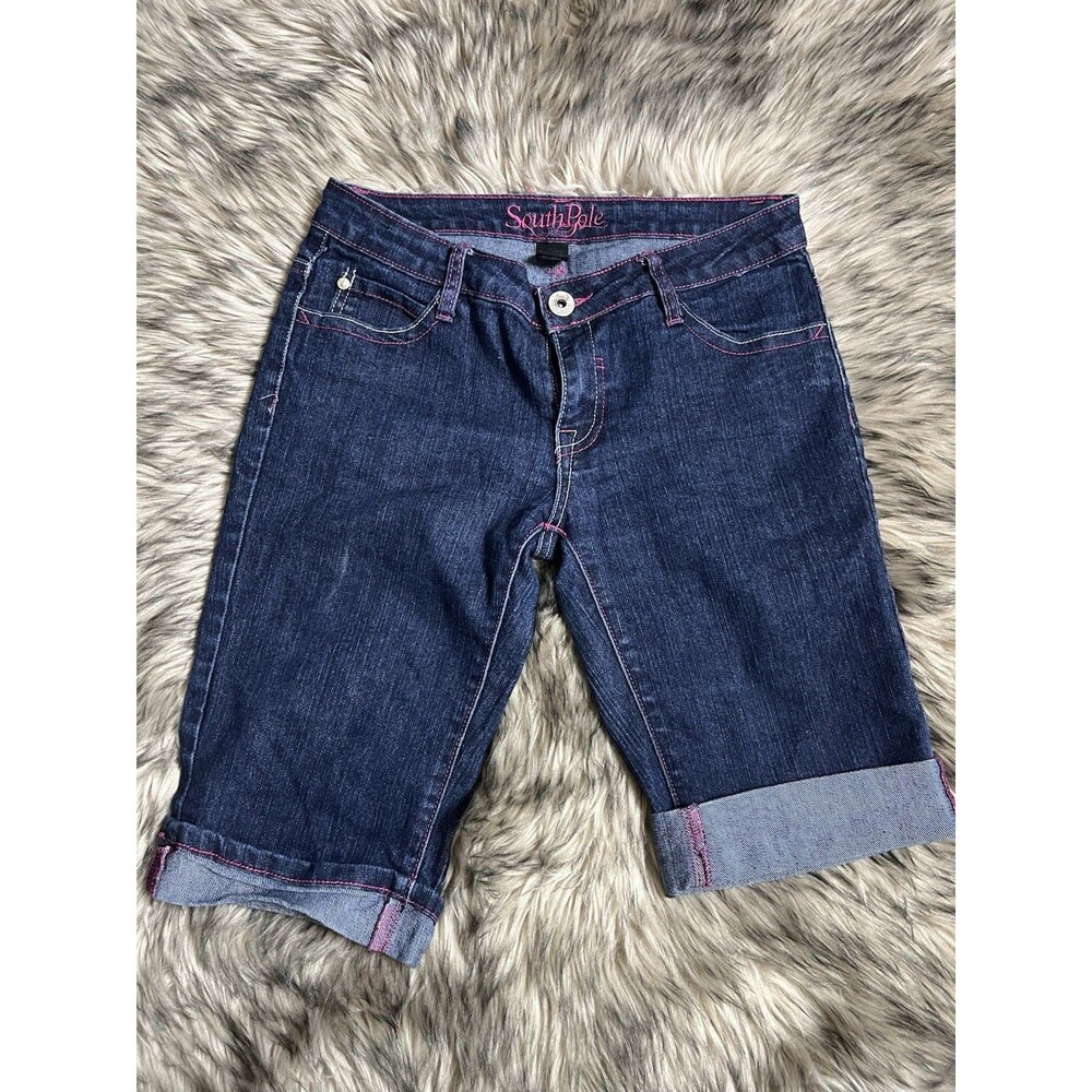 Southpole Womens Y2K Bermuda Denim Shorts Pink/Dark Blue Sz 7